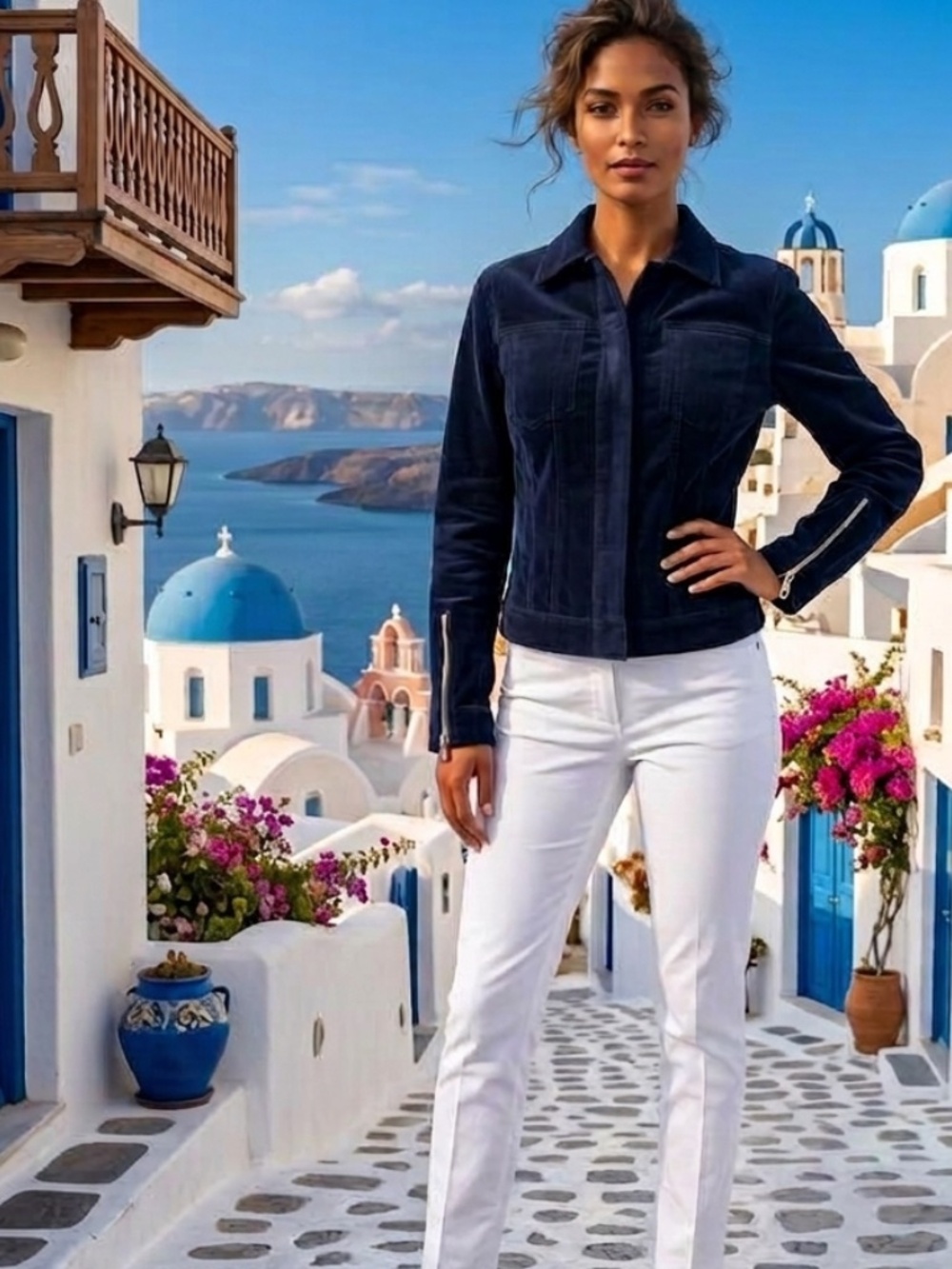 Luisa Cerano Designer Navy Blue Velvet Zip Up Jacket